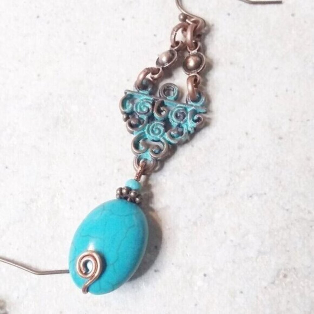 2/$25!!! Aqua Howlite + Copper Patina Painted Earrings - Big Bold Gorgeous! - Picture 8 of 12
